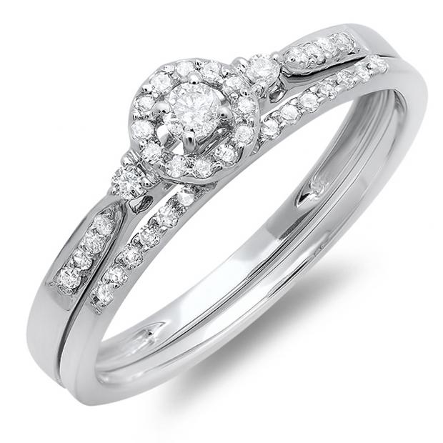 0.27 Carat (ctw) 10K White Gold Round Diamond Ladies Halo Style Bridal Engagement Ring Set With Matching Band 1/4 CT