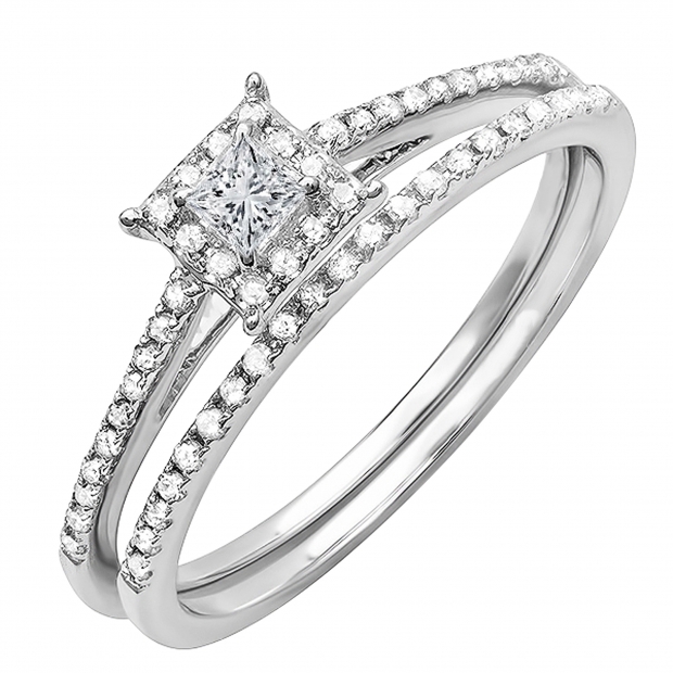0.30 Carat (ctw) 10K White Gold Round & Princess Diamond Ladies Bridal Halo Engagement Ring Set 1/3 CT