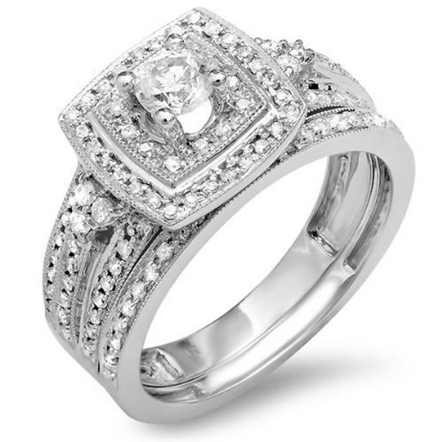 0.75 Carat (ctw) 14K White Gold Round Diamond Ladies Bridal Engagement Ring Set with Matching Band 3/4 CT
