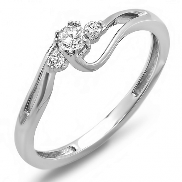 0.15 Carat (ctw) 10K White Gold Round Diamond Crossover Swirl Ladies Bridal 3 Stone Promise Engagement Ring