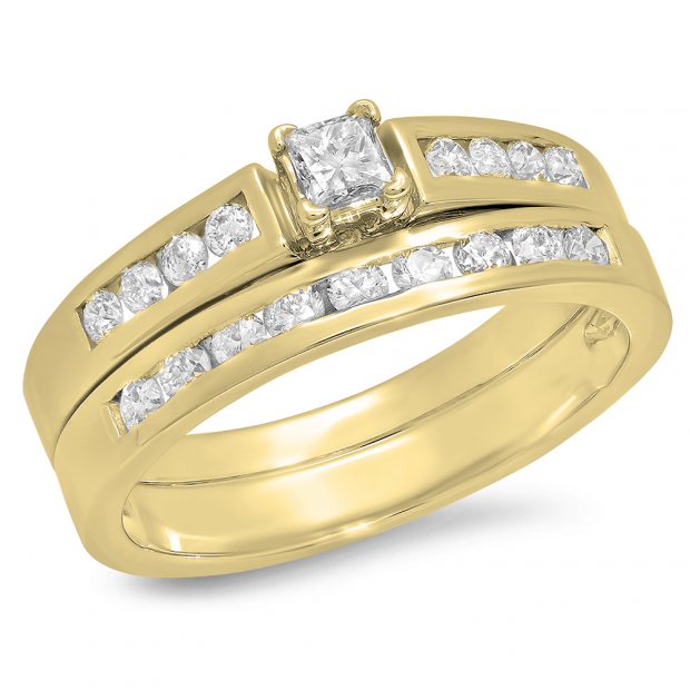 0.60 Carat (ctw) 18K Yellow Gold Princess & Round White Diamond Ladies Bridal Engagement Ring With Matching Band Set