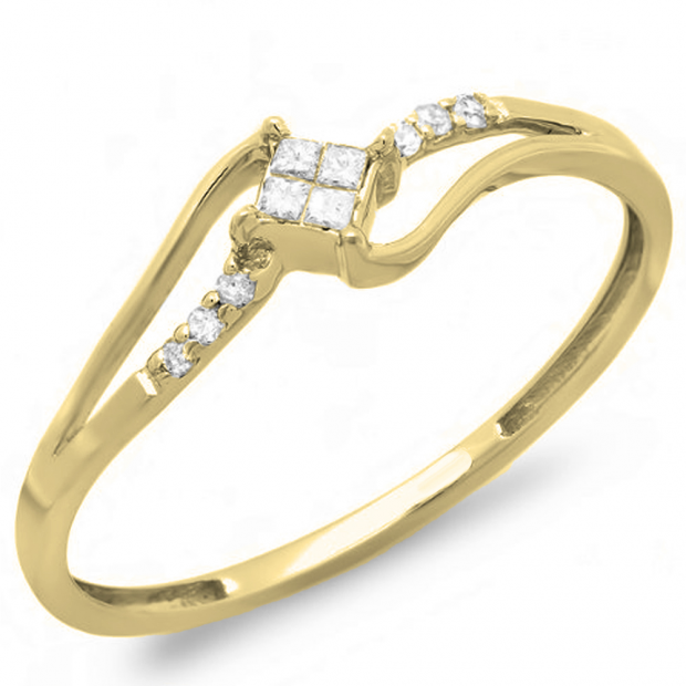 0.10 Carat (ctw) 10K Yellow Gold Round & Princess Cut Diamond Ladies Bridal Engagement Ring