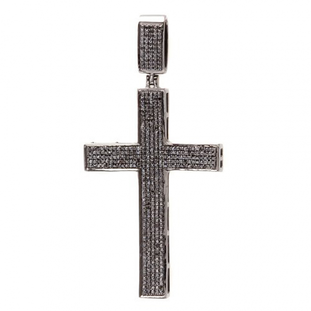 1.20 Carat (ctw) Black Rhodium Plated Sterling Silver Round Black Diamond Ladies Micro Pave Setting Cross Pendant (Chain Not Included)