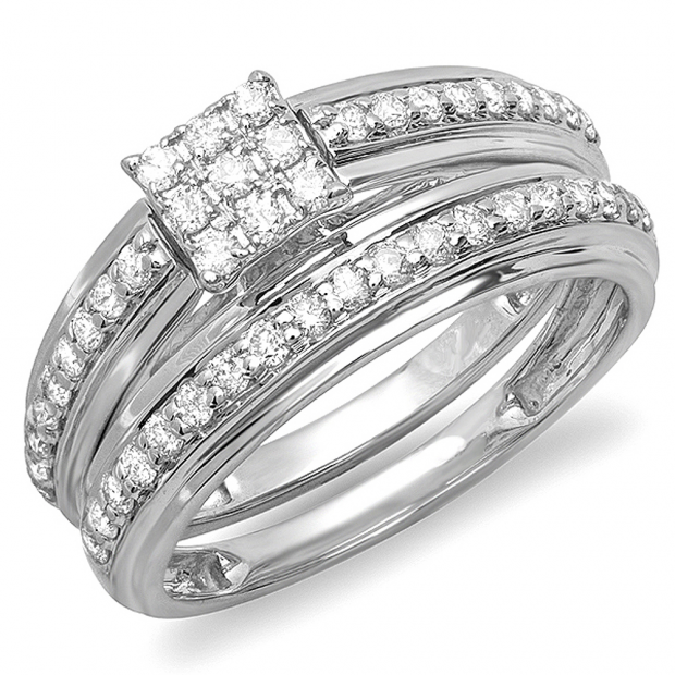 0.65 Carat (ctw) 18K White Gold Round Diamond Ladies Bridal Engagement Ring Matching Wedding Band Set  3/4 CT