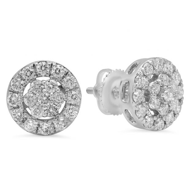 0.90 Carat (ctw) 18K White Gold Round Cut White Diamond Ladies Cluster Style Stud Earrings