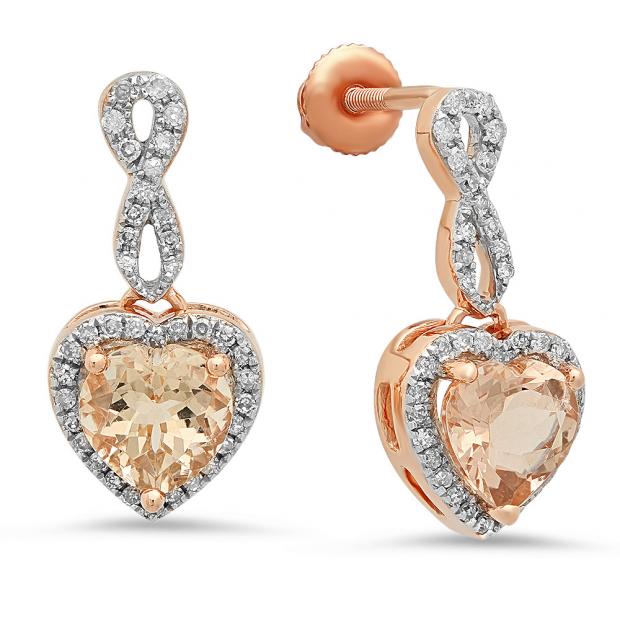 1.90 Carat (ctw) 18K Rose Gold Heart Cut Morganite & Round Cut White Diamond Ladies Infinity Swirl Dangling Drop Earrings