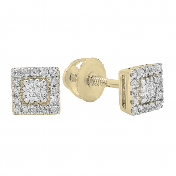 0.15 Carat Round White Diamond Square Frame Screw Back Unisex Stud Earrings in 18K Yellow Gold