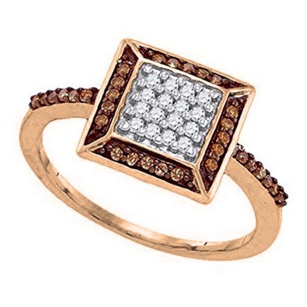 0.26 Carat (ctw) 10K Rose Gold Round Champagne & White Diamond Ladies Micro Pave Cocktail Right Hand Ring 1/4 CT