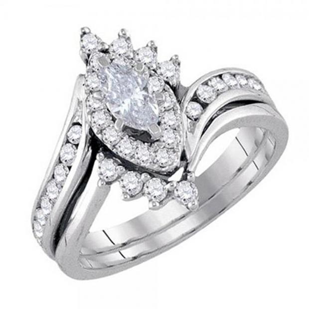 0.95 Carat (ctw) 10K White Gold Marquise & Round Cut Diamond Ladies Bridal Swirl Engagement Ring With Matching Band Set 1 CT