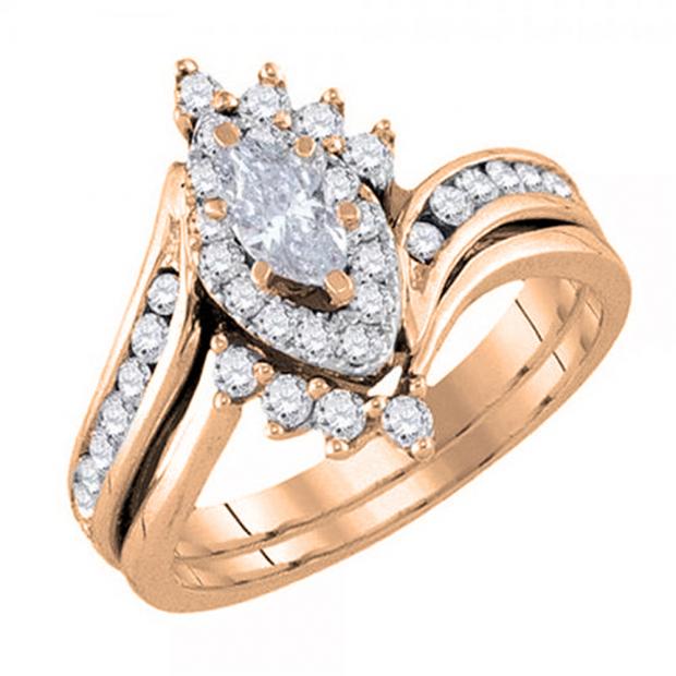 0.95 Carat (ctw) 14K Rose Gold Marquise & Round Cut Diamond Ladies Bridal Swirl Engagement Ring With Matching Band Set 1 CT