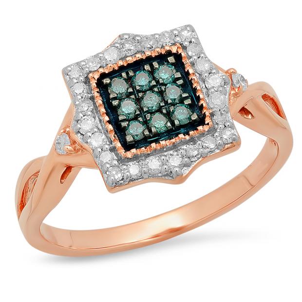 0.35 Carat (ctw) 10K Rose Gold Round Cut Blue & White Diamond Ladies Cluster Split Shank Engagement Ring 1/3 CT
