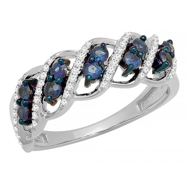 0.65 Carat Round White Diamond And Blue Sapphire Cocktail Right Hand Ring for Women in 14K White Gold