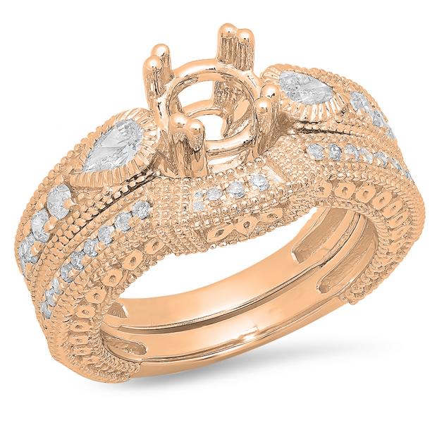 0.90 Carat (ctw) 10K Rose Gold Pear & Round Cut White Diamond Antique Vintage Look Semi Mount Bridal Ring Set (No Center Stone)