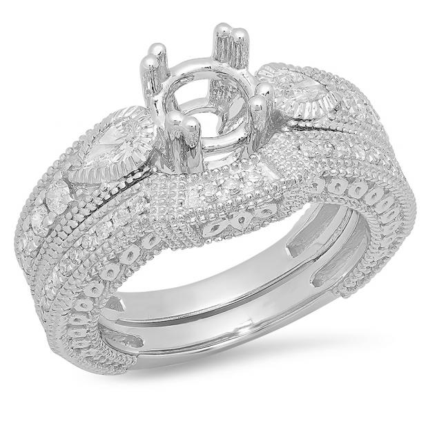 0.90 Carat (ctw) 18K White Gold Pear & Round Cut White Diamond Antique Vintage Look Semi Mount Bridal Ring Set (No Center Stone)