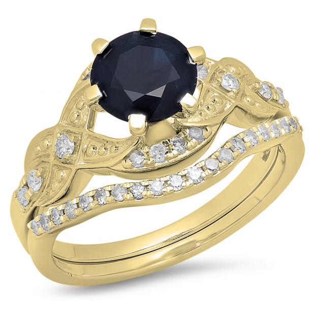 1.75 Carat (ctw) 10K Yellow Gold Round Blue Sapphire And White Diamond Ladies Bridal Engagement Ring Matching Band Set
