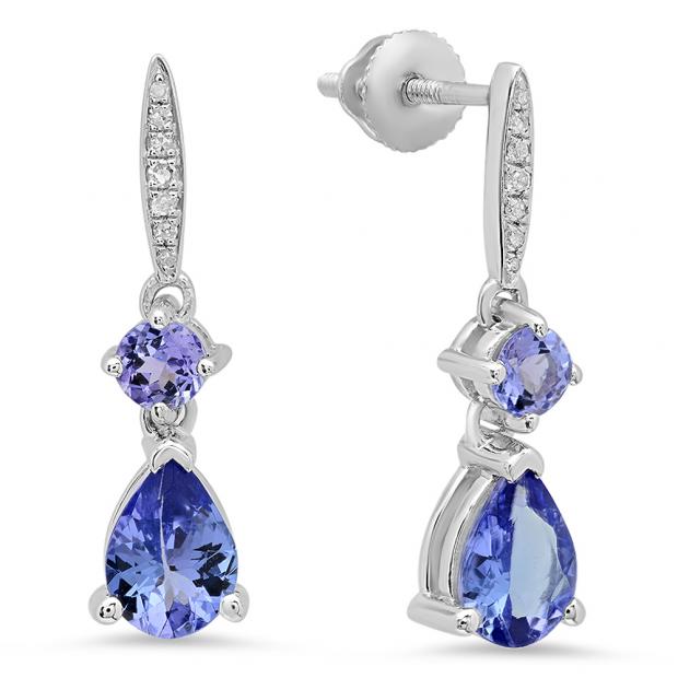 1.65 Carat (ctw) Sterling Silver Round & Pear Cut Tanzanite & Round Cut White Diamond Ladies Dangling Drop Earrings 1 1/2 CT