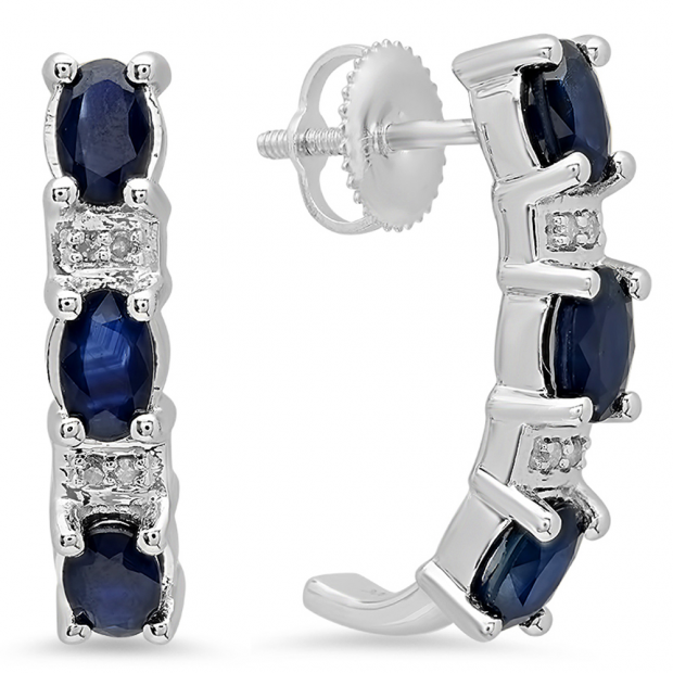 2.10 Carat (ctw) 10K White Gold Oval Cut Blue Sapphire & Round Cut White Diamond Ladies Fancy J Shaped Hoop Earrings 2 1/10 CT