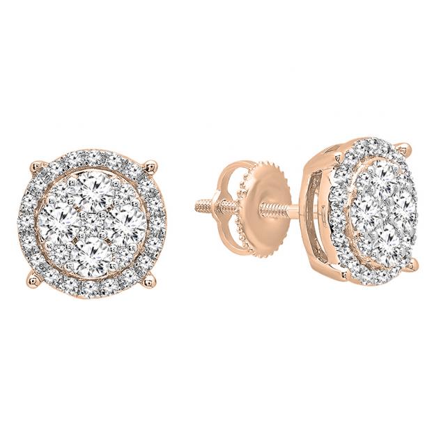 0.95 Carat (ctw) 10K Rose Gold Round Cut White Diamond Ladies Cluster Flower Stud Earrings