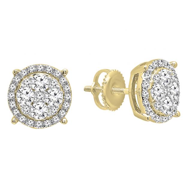 0.95 Carat (ctw) 10K Yellow Gold Round Cut White Diamond Ladies Cluster Flower Stud Earrings