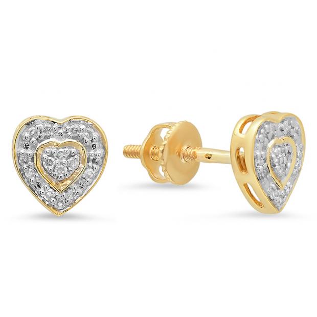 0.10 Carat (ctw) 10K Yellow Gold Round Cut Diamond Ladies Heart Shape Earrings 1/10 CT