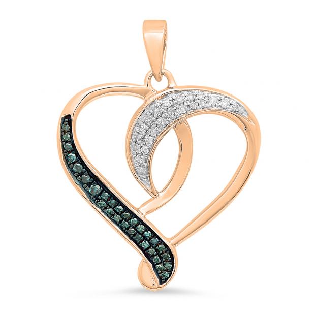 0.20 Carat (ctw) 10K Rose Gold Round Blue & White Diamond Ladies Fashion Heart Pendant 1/5 CT