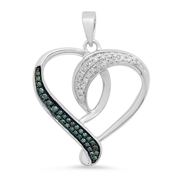 0.20 Carat (ctw) 18K White Gold Round Blue & White Diamond Ladies Fashion Heart Pendant 1/5 CT