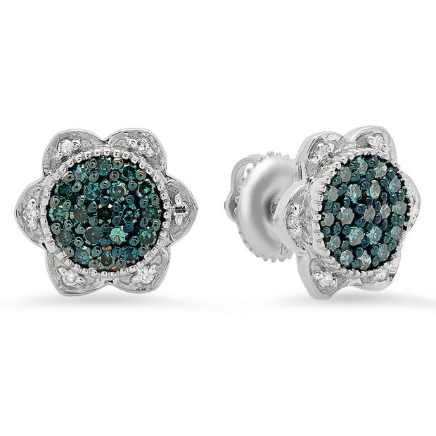 0.35 Carat (ctw) 18K White Gold Round Cut Blue & White Diamond Ladies Flower Shape Cluster Fashion Stud Earrings 1/3 CT