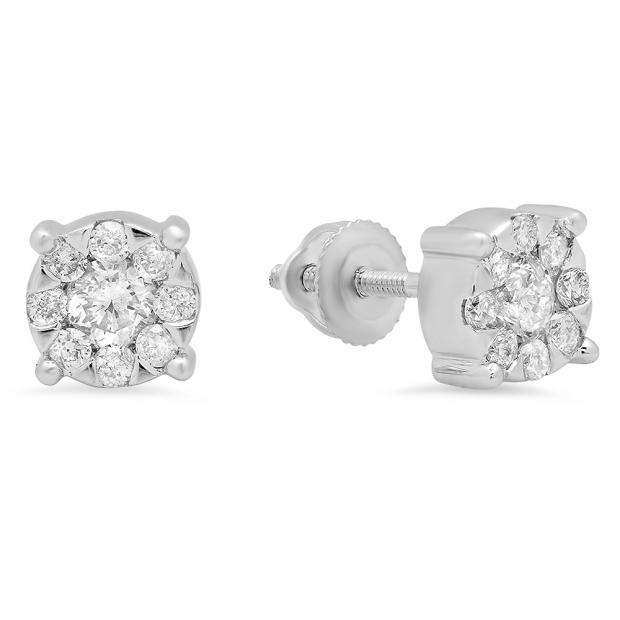 0.50 Carat (Ctw) 14K White Gold Round Cut White Diamond Round Shape Cluster Earrings 1/2 CT