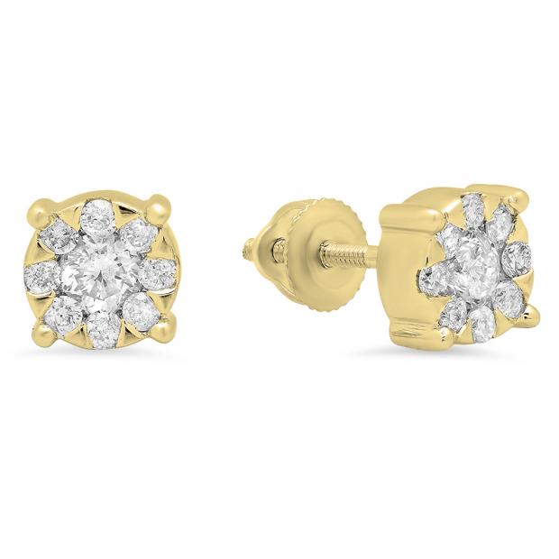0.50 Carat (Ctw) 14K Yellow Gold Round Cut White Diamond Round Shape Cluster Earrings 1/2 CT