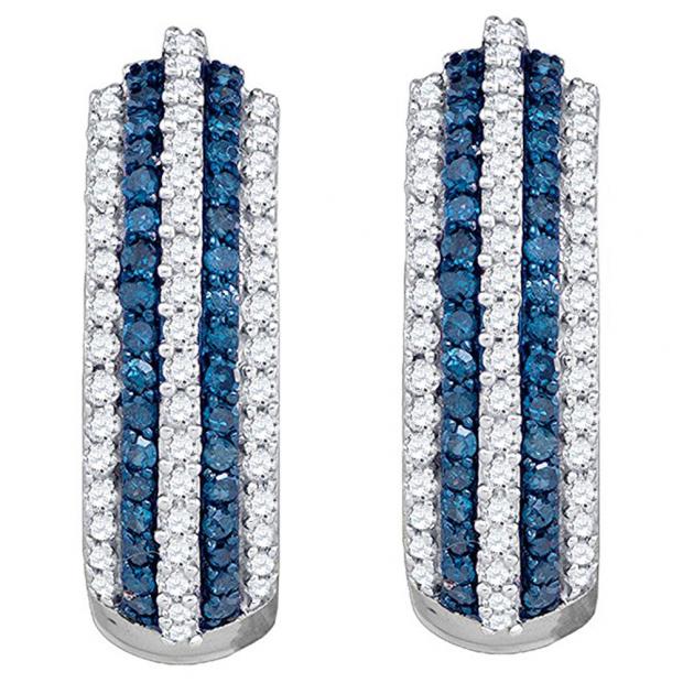 0.50 Carat (ctw) 10K White Gold Round Blue & White Diamond Ladies Pave Set Huggies Earrings 1/2 CT