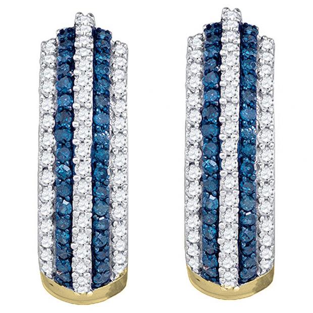 0.50 Carat (ctw) 10K Yellow Gold Round Blue & White Diamond Ladies Pave Set Huggies Earrings 1/2 CT