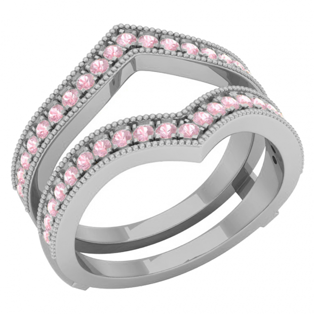 0.70 Carat (ctw) 10K White Gold Round Pink Sapphire Ladies Anniversary Wedding Band Guard Double Ring 3/4 CT