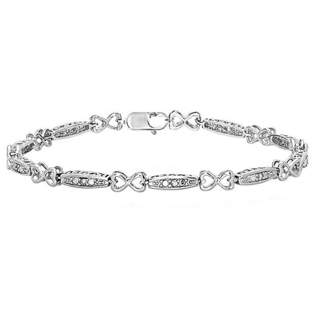 Round White Diamond Infinity Style Twin Heart Bracelet For Women (0.12 ctw Color I-J Clarity I2-I3) in 925 Sterling Silver