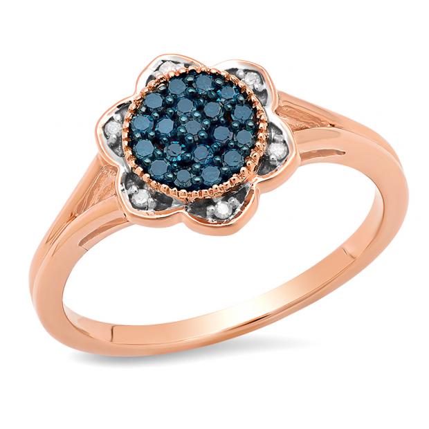 0.20 Carat (ctw) 10K Rose Gold Round Blue & White Diamond Ladies Cluster Style Bridal Engagement Ring 1/5 CT