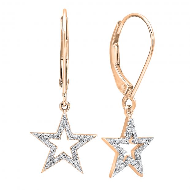 0.15 Carat (ctw) 10K Rose Gold Round Cut White Diamond Ladies Star Shape Fashion Dangling Earrings