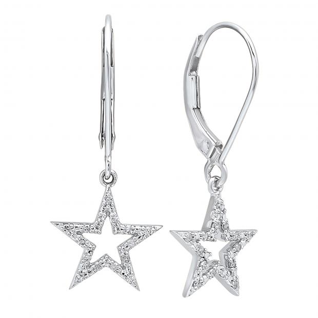 0.15 Carat (ctw) 10K White Gold Round Cut White Diamond Ladies Star Shape Fashion Dangling Earrings