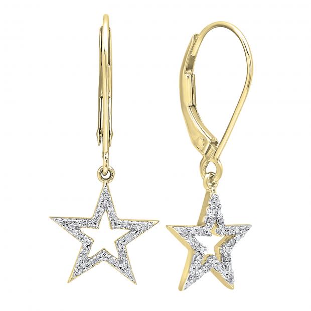 0.15 Carat (ctw) 10K Yellow Gold Round Cut White Diamond Ladies Star Shape Fashion Dangling Earrings
