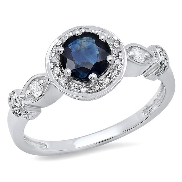 1.30 Carat (ctw) 14K White Gold Round Cut Blue Sapphire & White Diamond Ladies Bridal Halo Style Engagement Ring