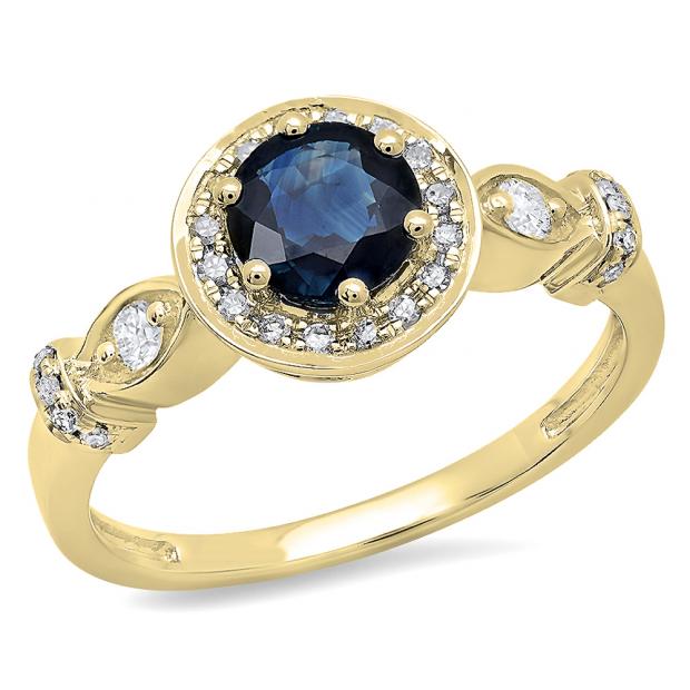 1.30 Carat (ctw) 14K Yellow Gold Round Cut Blue Sapphire & White Diamond Ladies Bridal Halo Style Engagement Ring