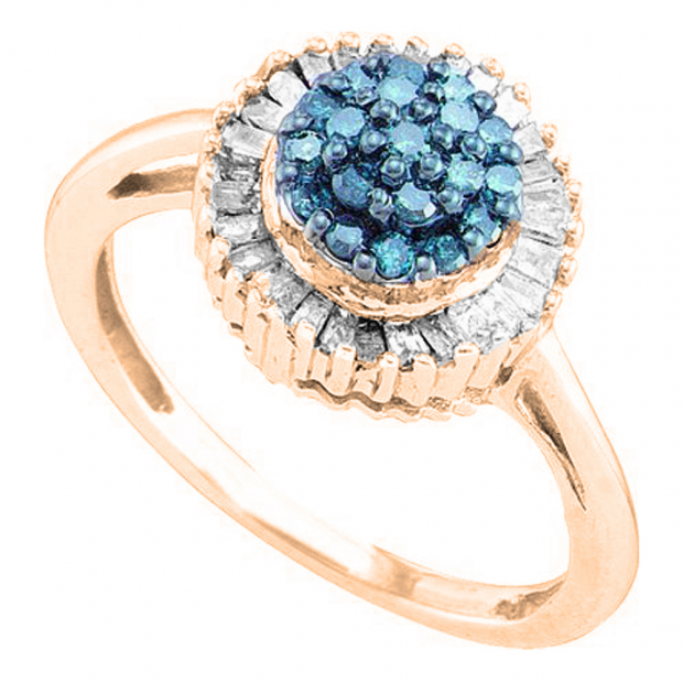0.40 Carat (ctw) 10K Rose Gold Round Blue & Baguette Cut White Diamond Ladies Cluster Flower Right Hand Ring