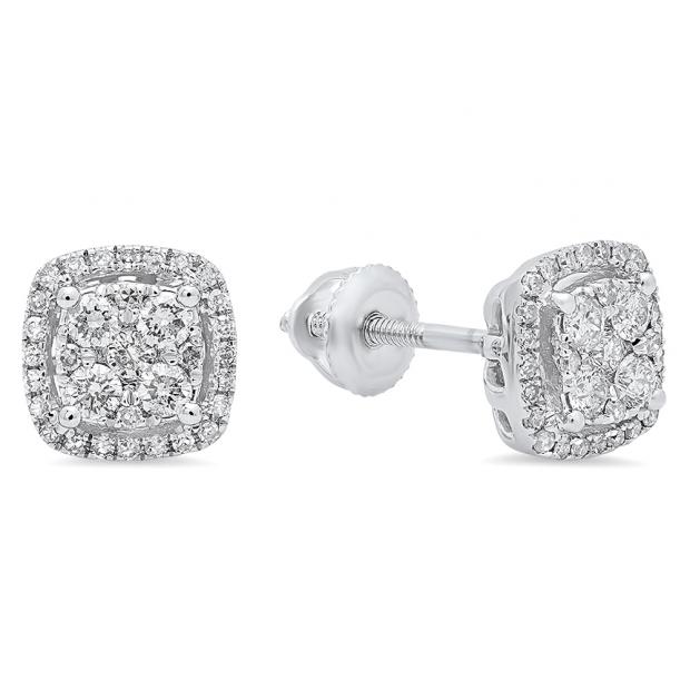 0.40 Carat (ctw) 10K White Gold Round White Diamond Ladies Cluster Style Stud Earrings