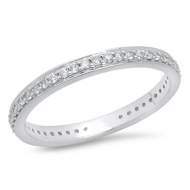 0.70 Carat (ctw) 10K White Gold Round White Cubic Zirconia Ladies Eternity Anniversary Stackable Ring Wedding Band 3/4 CT