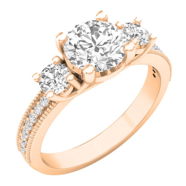 3.15 Carat (ctw) 10K Rose Gold Round Cut White Cubic Zirconia Ladies Bridal 3 Stone Engagement Ring