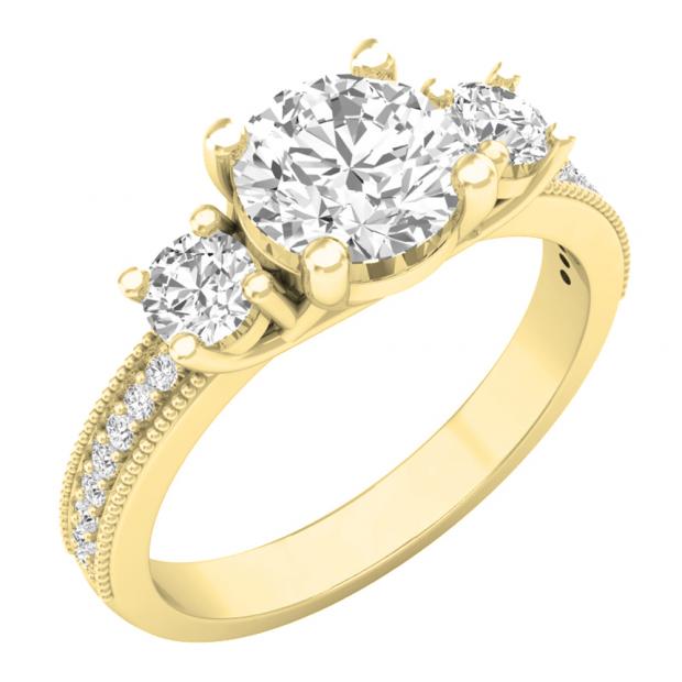 3.15 Carat (ctw) 10K Yellow Gold Round Cut White Cubic Zirconia Ladies Bridal 3 Stone Engagement Ring