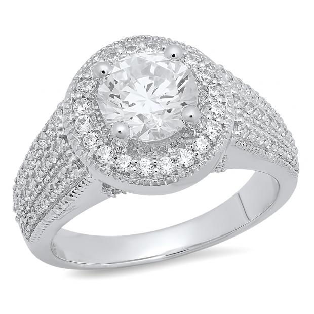 3.40 Carat (ctw) 14K White Gold Round Cut White Cubic Zirconia Ladies Bridal Halo Vintage Style Engagement Ring