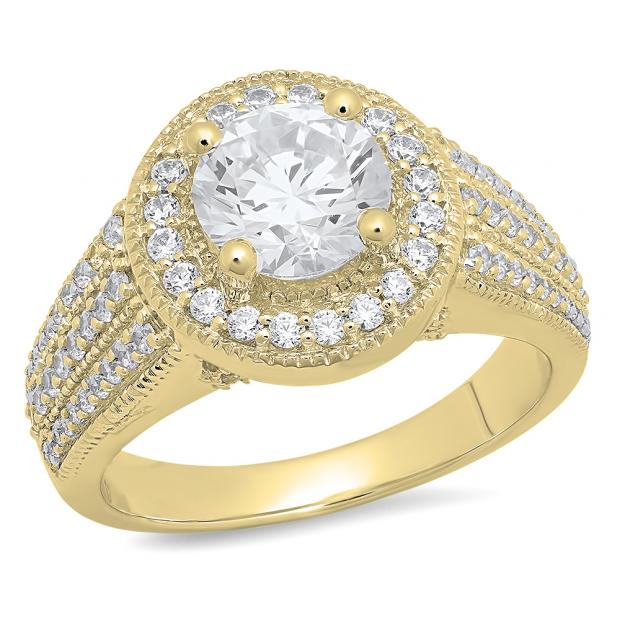 3.40 Carat (ctw) 14K Yellow Gold Round Cut White Cubic Zirconia Ladies Bridal Halo Vintage Style Engagement Ring