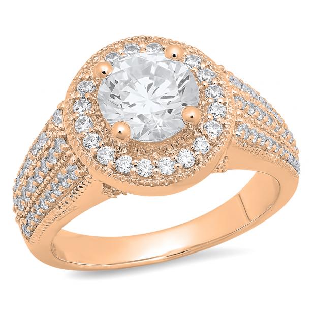 3.40 Carat (ctw) 18K Rose Gold Round Cut White Cubic Zirconia Ladies Bridal Halo Vintage Style Engagement Ring