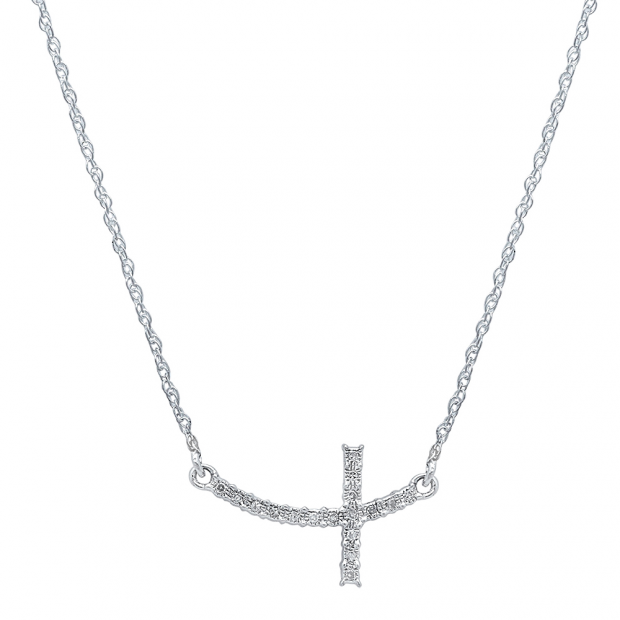 0.05 Carat (ctw) Dainty Sterling Silver Round White Diamond Ladies Sideways Religious Cross Pendant (Silver Chain Included)