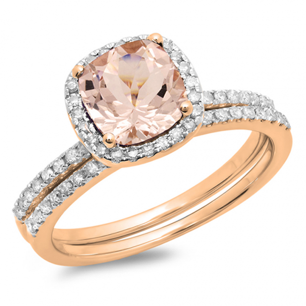 0.90 Carat (ctw) 10K Rose Gold Cushion Cut Morganite & Round Cut White Diamond Ladies Bridal Halo Engagement Ring With Matching Band Set