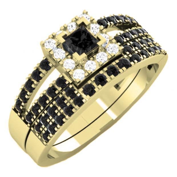 0.85 Carat (ctw) 14K Yellow Gold Princess & Round Black & White Diamond Ladies Bridal Split Shank Halo Style Engagement Ring With Matching Band Set